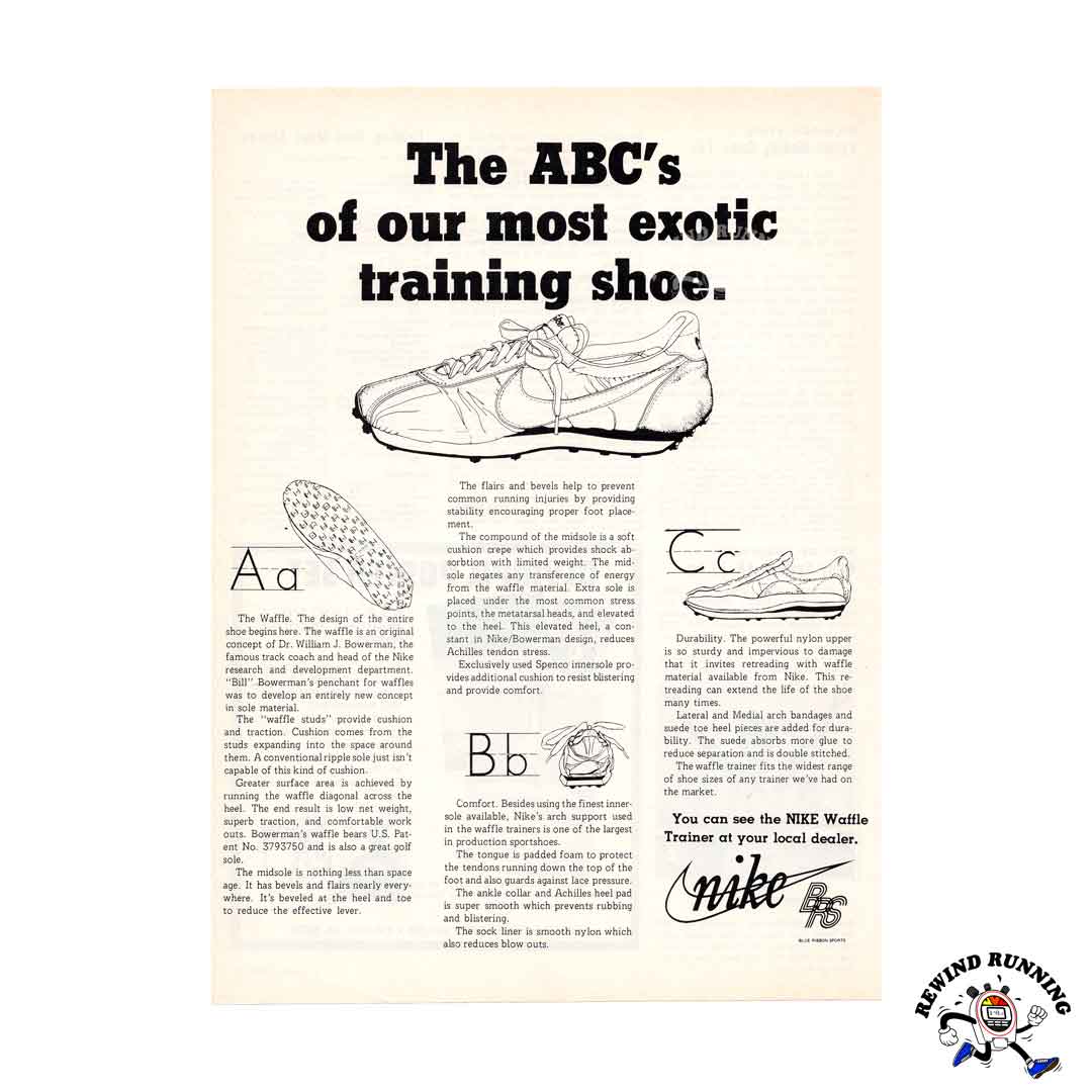 Nike Waffle Trainer 1976 vintage Blue Ribbon Sports sneaker ad