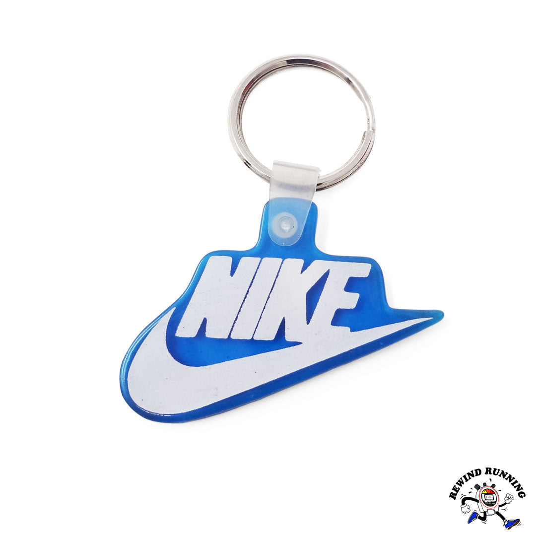 Nike Swoosh Rare Vintage 80s Aqua Blue Logo Rubber Promo Keychain Top View