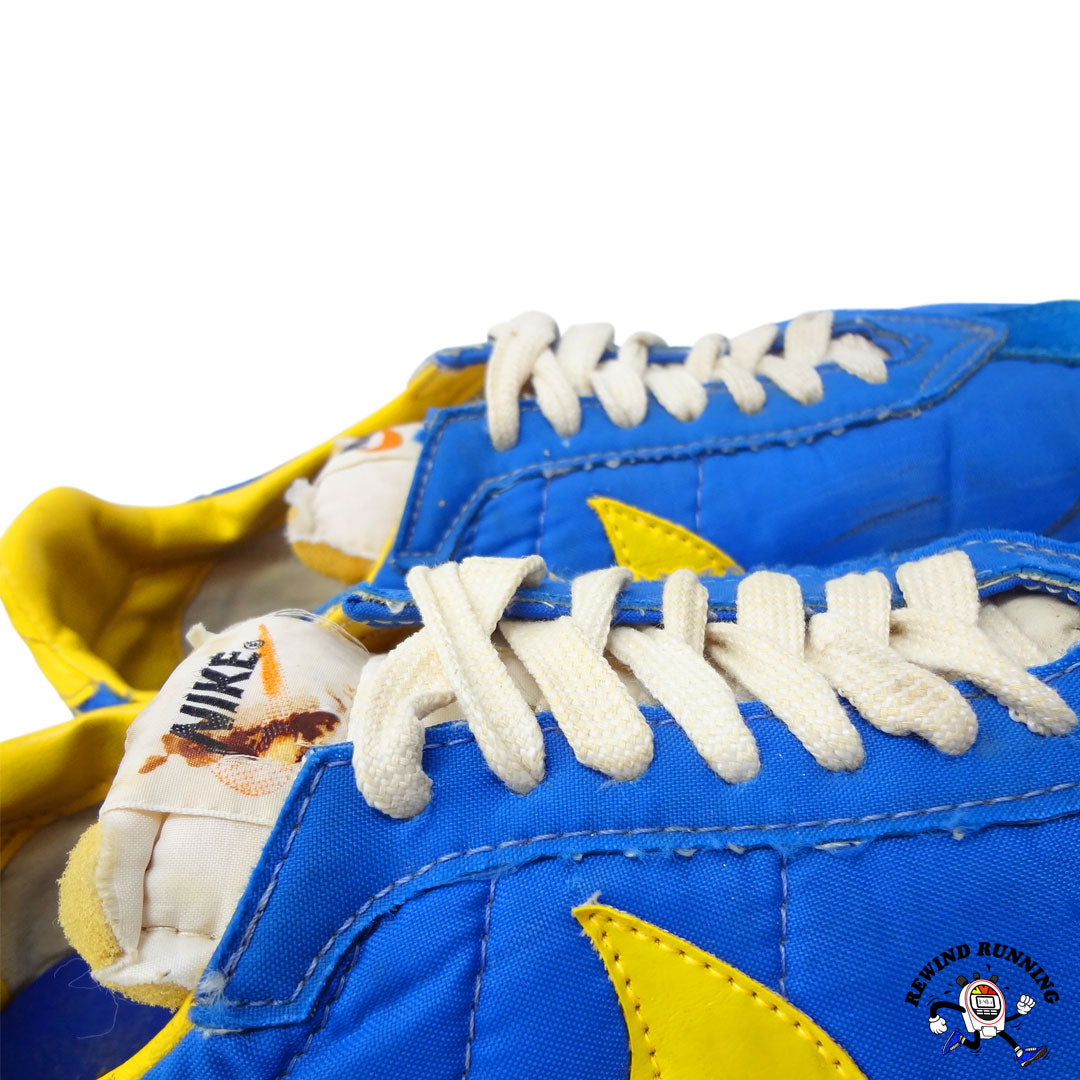 Nike Vintage 1970s Blue and Yellow Waffle Trainer Racer Sneakers Detail Made in Japan