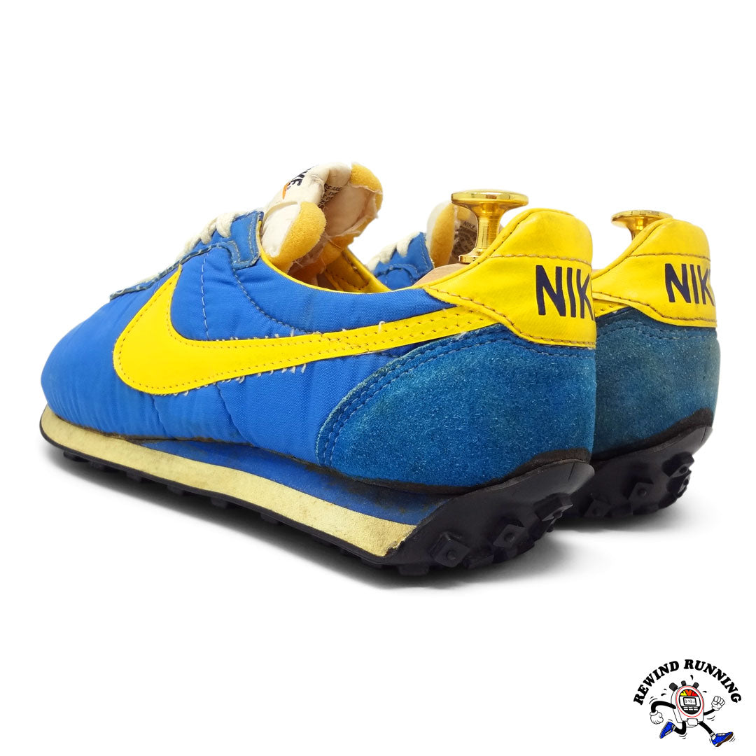 Nike Vintage 1970s Blue and Yellow Waffle Trainer Racer Sneakers Rear 3-4 View Made in Japan