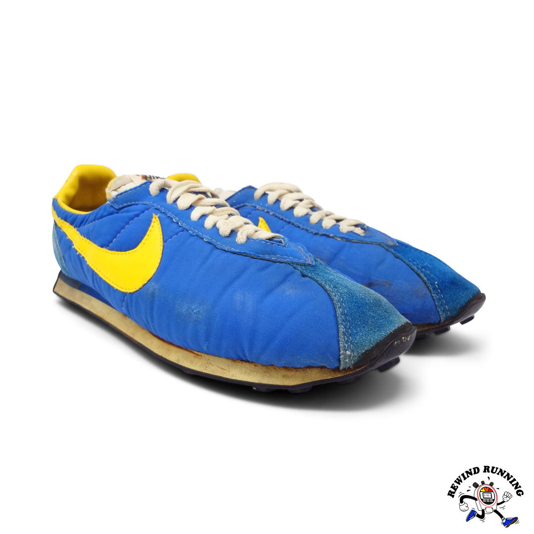 Nike Vintage 1970s Blue and Yellow Waffle Trainer Racer Sneakers Men's 9.5 Made in Japan