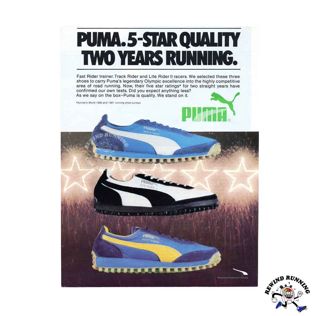 Puma Fast Rider, Track Rider and Lite Rider II Runner's World 5-Star 1981 vintage sneaker ad