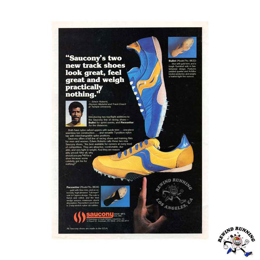 Saucony Bullet and Pacesetter 1978 vintage running shoes track spikes ad featuring Edwin Roberts
