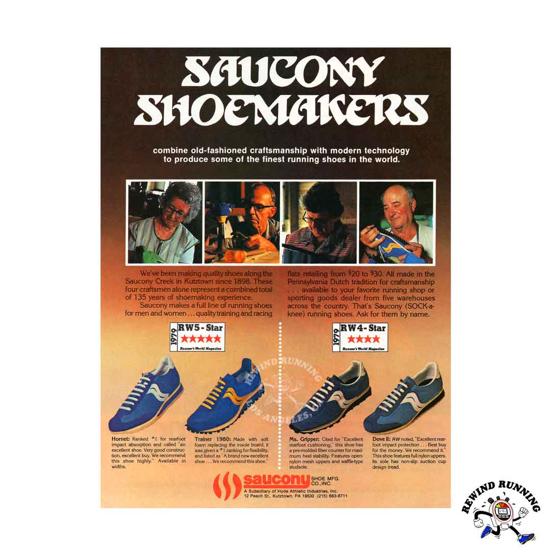 Saucony Hornet, Trainer 1980, Ms. Gripper and Dove II vintage running shoes ad