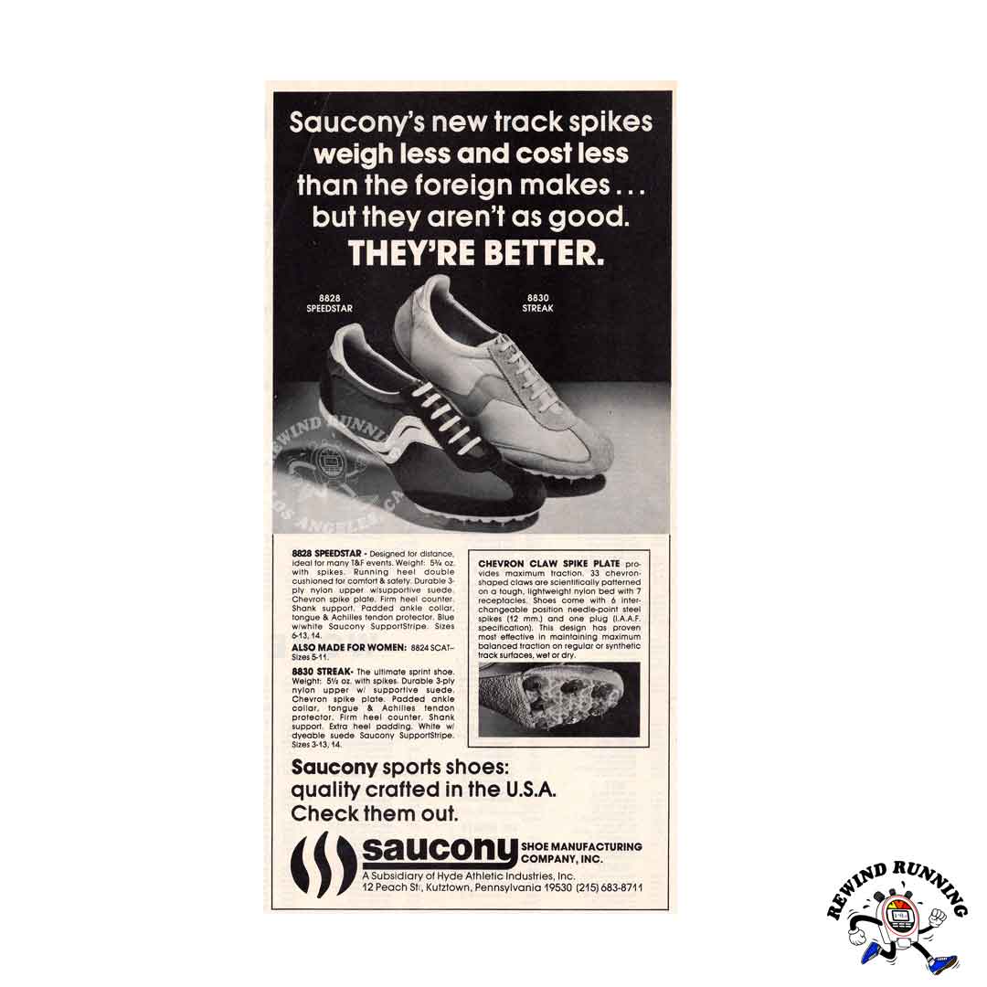 Saucony Streak and Speedstar 1977 vintage running shoes track spikes ad