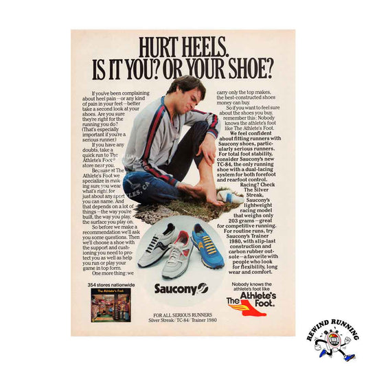 Saucony Silver Streak, TC-84 and Trainer 1980 vintage sneaker ad by The Athlete's Foot