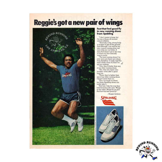 Spalding Superflite running shoes vintage 1979 print ad featuring Mr. October Reggie Jackson