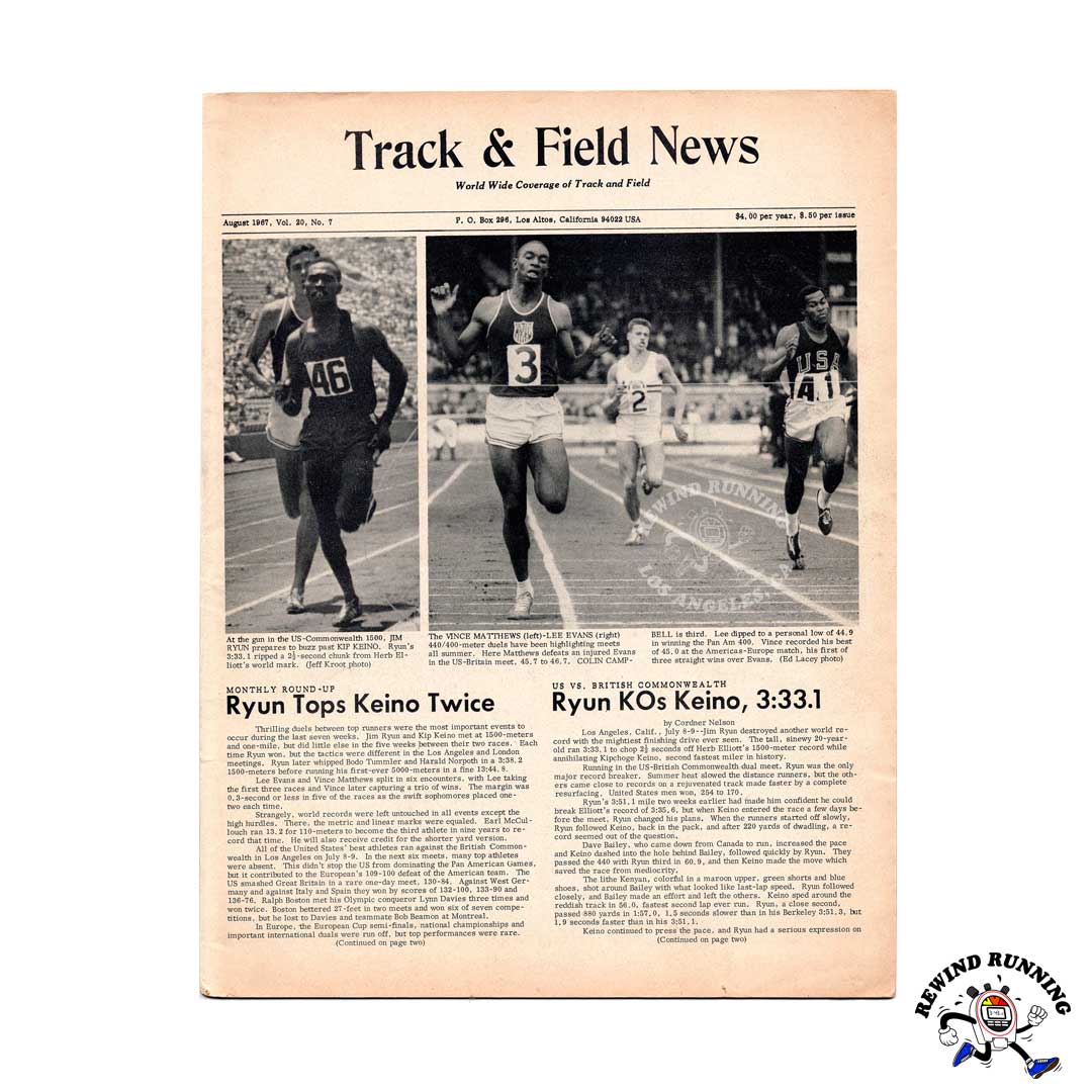 Track and Field News August 1967 magazine Asics Onitsuka Tiger Blue Ribbon Sports (early Nike) ad Cover