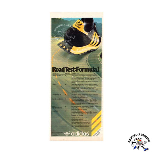Vintage adidas black and yellow Formula I 1 1977 running shoe print ad